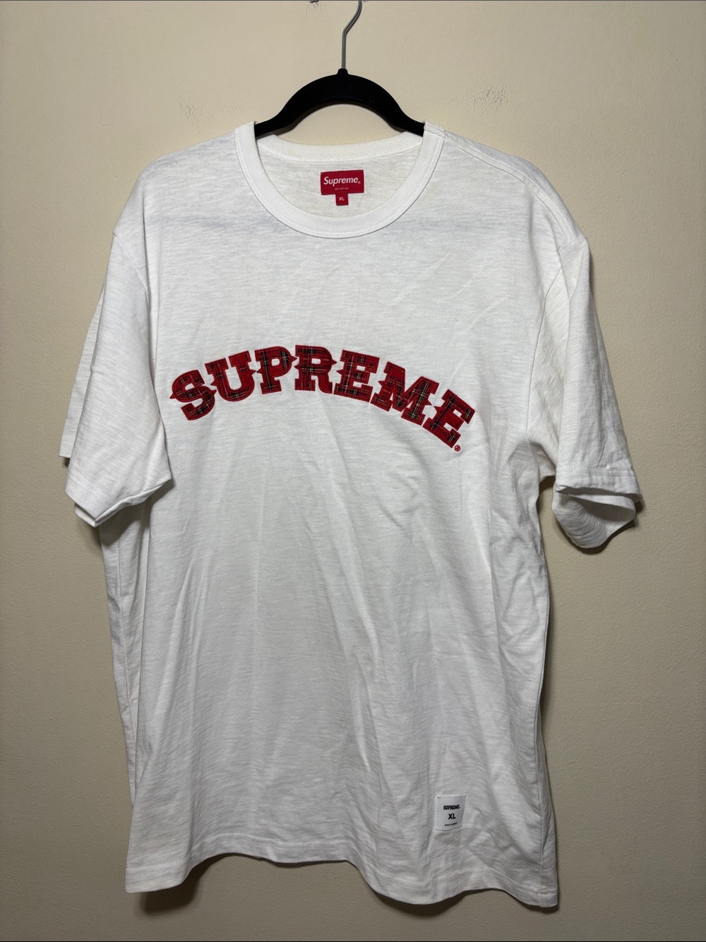 Supreme White Tee with Red Plaid Arch Logo